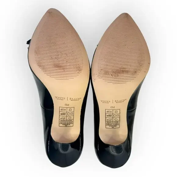 White House Black Market Gabriele Pump Size 6 Black Patent Leather Bow Chain Toe - Picture 10 of 12